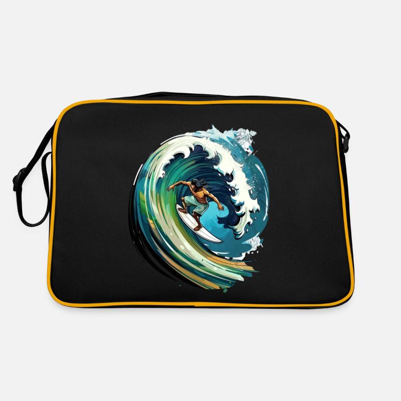 Surfer auf einer großen Welle in einer 2D-Illustra Retro Tasche
