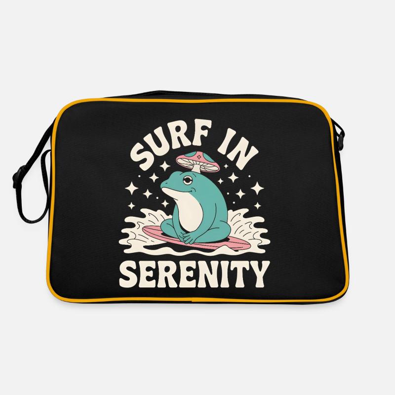 Surfen in Serenity - Süßer Frosch Aufkleber - Retro Tasche - Schwarz/Gold