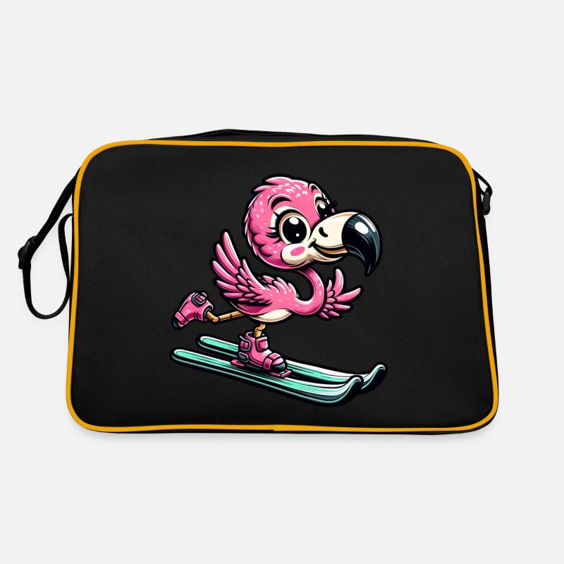 Flamingoski - Comic Skifahrer Urlaub - Retro Tasche - Schwarz/Gold