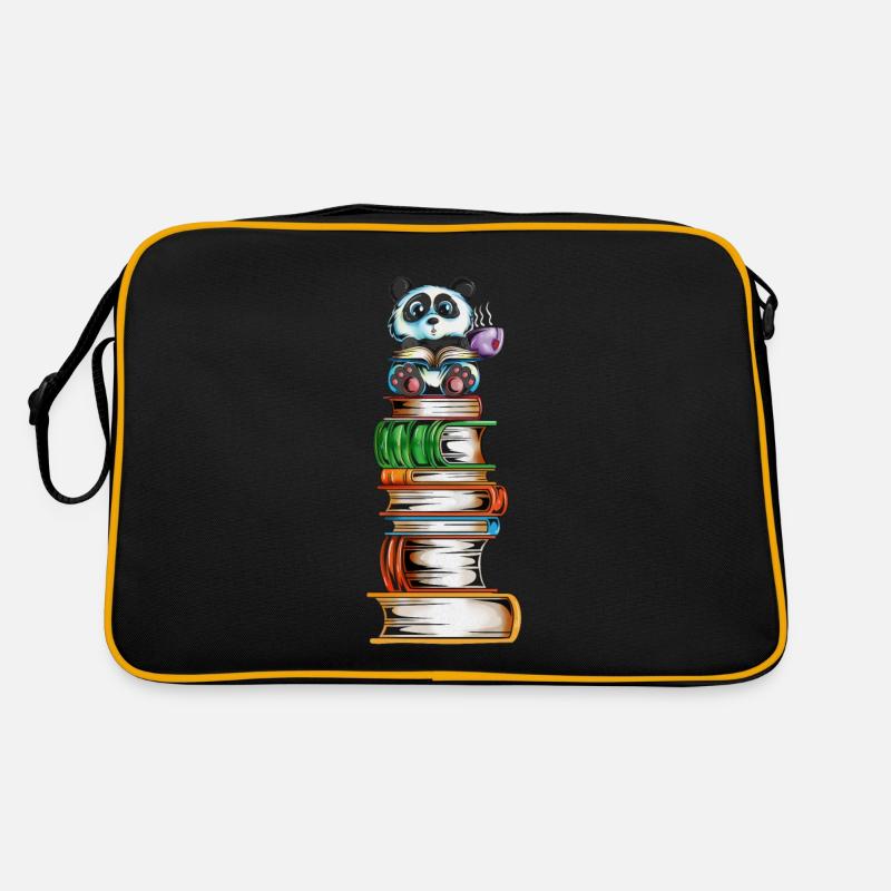 Panda bear on a book tower with tea Read the book - Retro Bag - black/gold