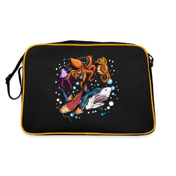 Fischdesign Meerestier Fische Hai Qualle Oktopus - Retro Tasche - Schwarz/Gold - Hinten