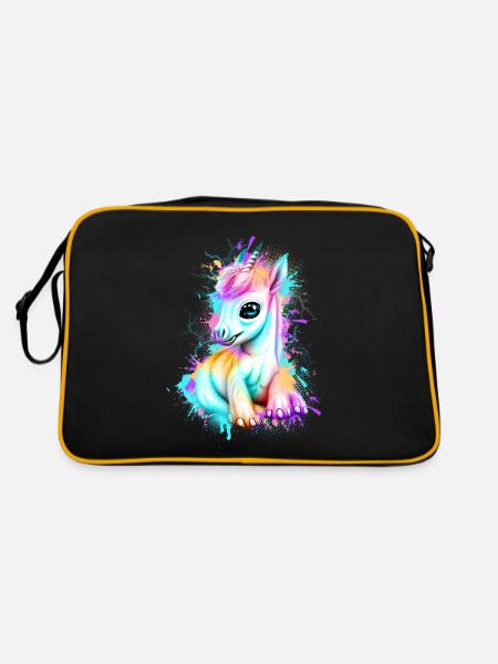Einhorn Graffiti Bunt - Retro Tasche - Schwarz/Gold - Hinten