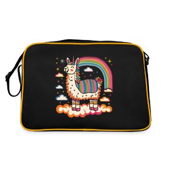 Flippiges Alpaka mit bunten Regenbogen-Streifen - Retro Tasche - Schwarz/Gold - Hinten