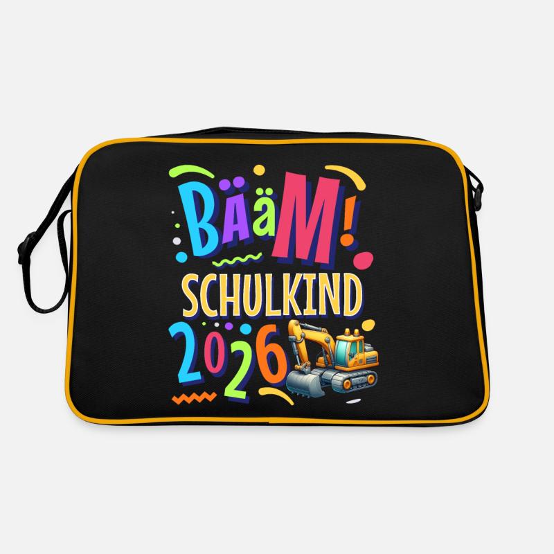 Einschulung Bagger Schulanfänger 2026 - Retro Tasche - Schwarz/Gold