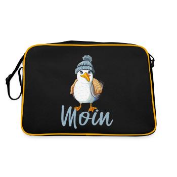 Seagull with knitted cap says Moin Low German North - Retro Bag - black/gold - Back