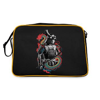 Samurai mit Drachen im Hintergrund - Japanische - Retro Tasche - Schwarz/Gold - Hinten
