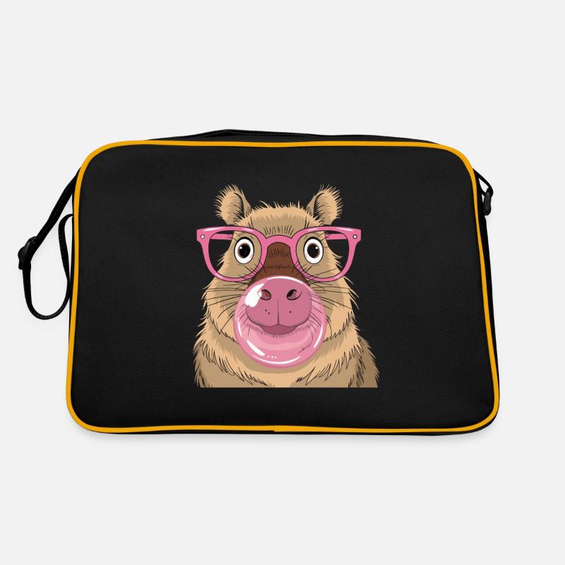 Capybara with pink glasses and bubblegum bubbles style - Retro Bag - black/gold