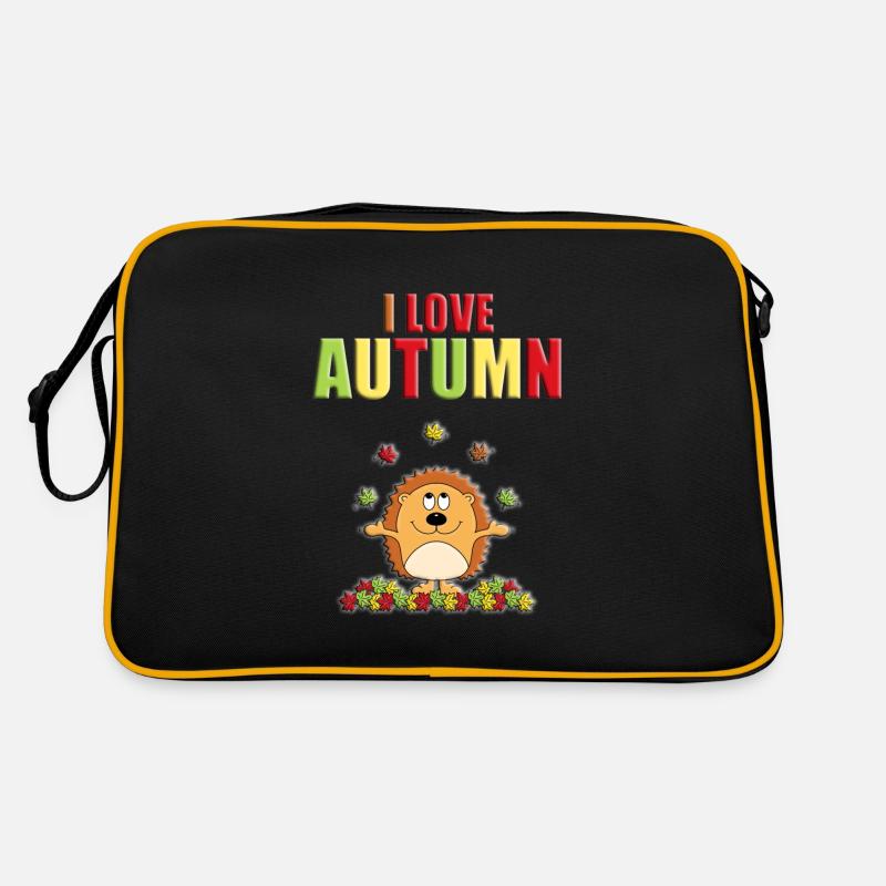 ICH LIEBE DEN HERBST - IGEL - TIER - BLÄTTER - Retro Tasche - Schwarz/Gold