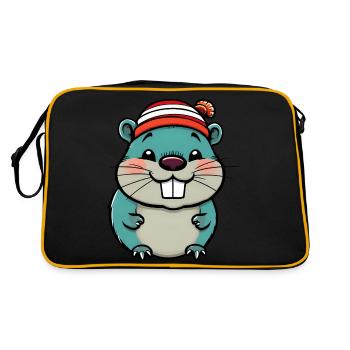 Cute Cartoon Beaver in Striped Beanie - Retro Bag - black/gold - Back