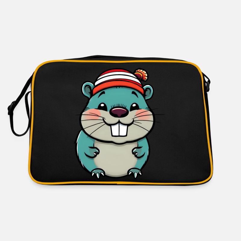 Mignon castor de dessin animé en bonnet rayé Sac Retro