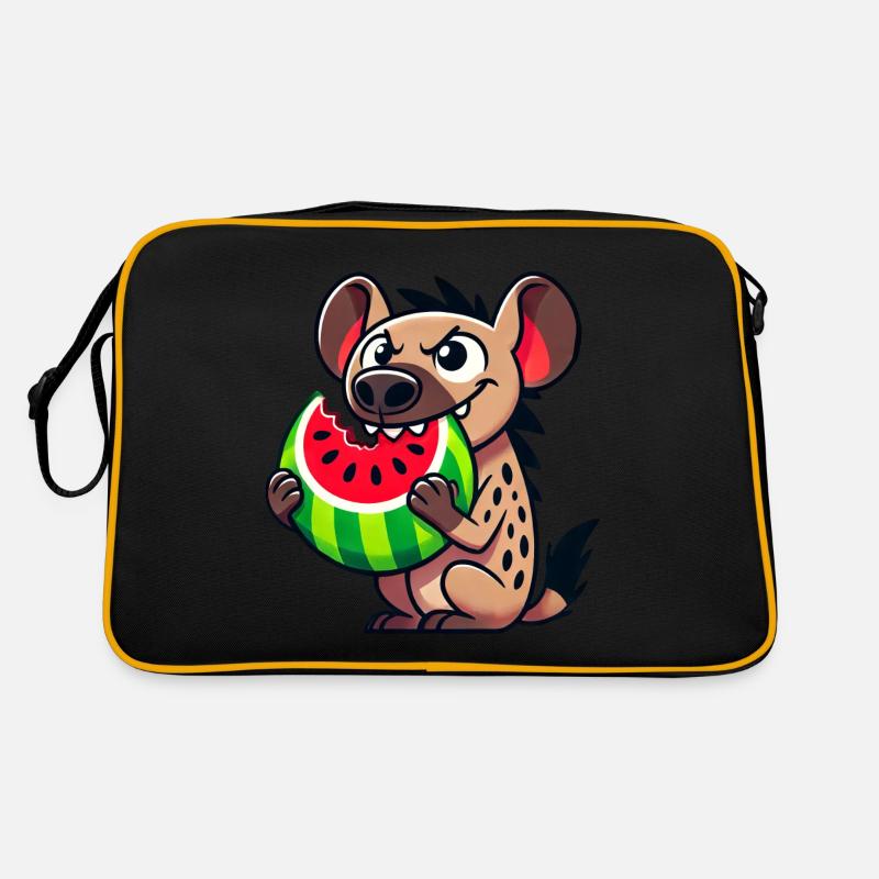 Hyène mignonne avec des fruits de dessin animé de pastèque d’été - Sac Retro - noir/or