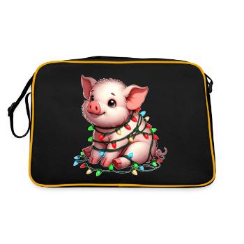 Süßes Weihnachtsschwein mit Lichterkette - Retro Tasche - Schwarz/Gold - Hinten