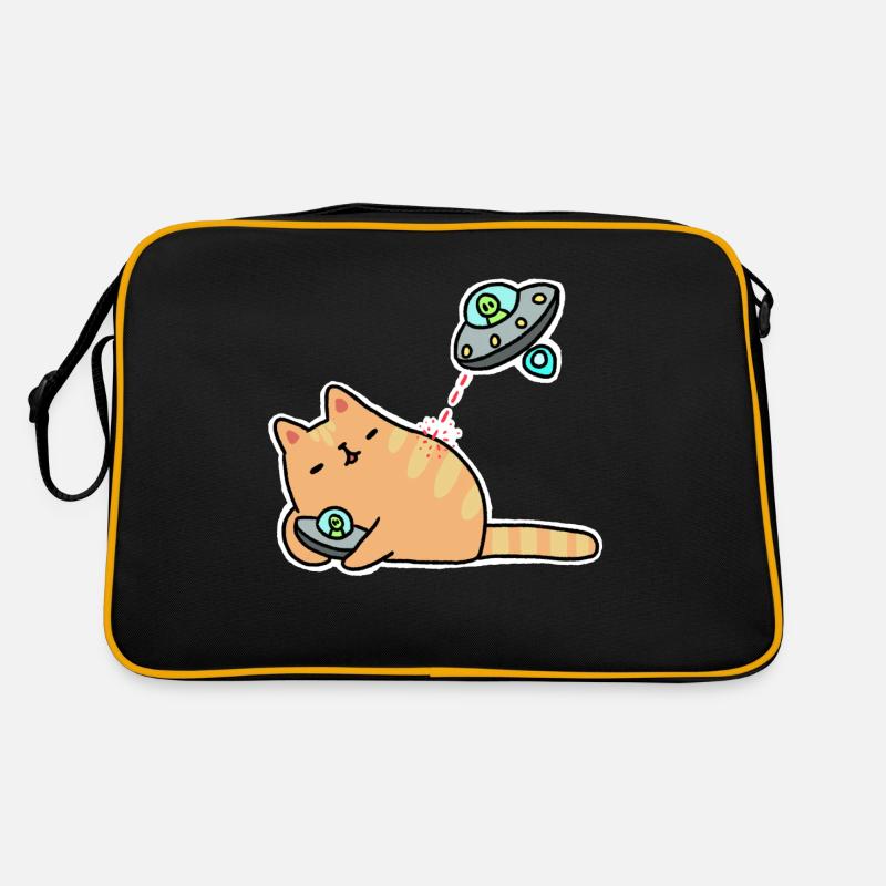 Katze mit UFOs - Retro Tasche - Schwarz/Gold