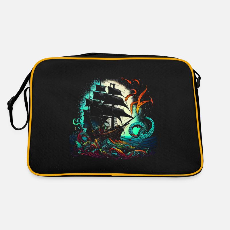 Retro Piratenschiff mit buntem Kraken - Retro Tasche - Schwarz/Gold