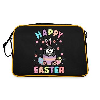Frohe Ostern Pinguin mit Hasenohren Frühling - Retro Tasche - Schwarz/Gold - Hinten