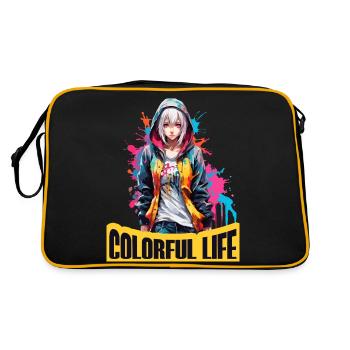 Anime Mädchen mit Farbflecken - Retro Tasche - Schwarz/Gold - Hinten
