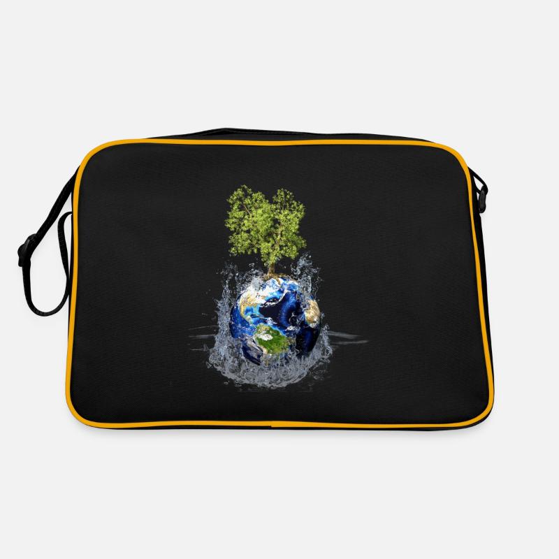 Weltkugel mit Baum und Wasserspritzer - Retro Tasche - Schwarz/Gold