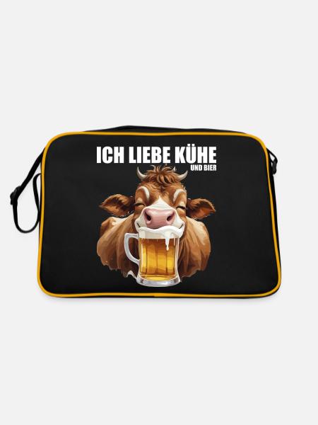 trinkende Kuh mit Bier Ich liebe Kühe und Bier  - Retro Tasche - Schwarz/Gold - Hinten