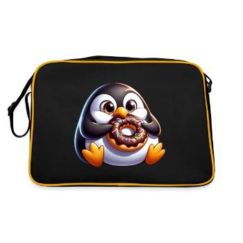 Süßer pummeliger Pinguin mit Donut Cartoon - Retro Tasche - Schwarz/Gold - Hinten
