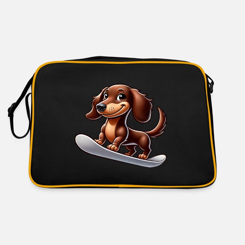 Dackel auf Snowboard Comic Wintersport - Retro Tasche - Schwarz/Gold