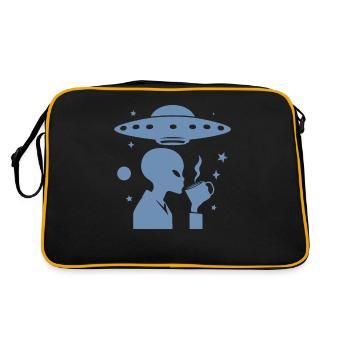 Alien Silhouette with Coffee & UFO - Retro Bag - black/gold - Back