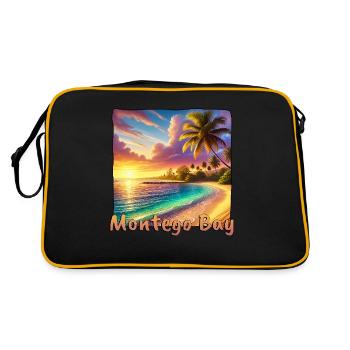 Sonnenuntergang Montego Bay Palmen Strand - Retro Tasche - Schwarz/Gold - Hinten