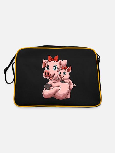 Niedliches Schwein mit seinem Schweinchen - Retro Tasche - Schwarz/Gold - Hinten