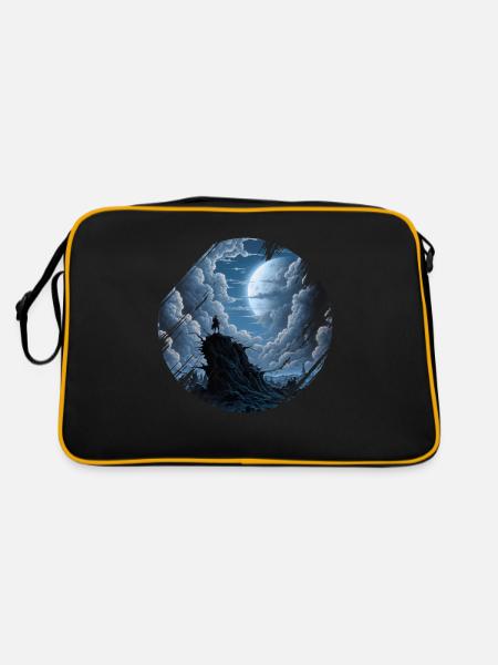 Einsamer Krieger Berg Mond Nacht Vollmond - Retro Tasche - Schwarz/Gold - Hinten