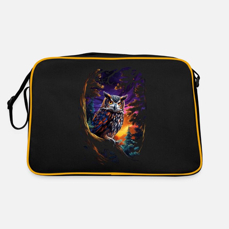 Schöne Eule mit großen Augen in der Nacht - Retro Tasche - Schwarz/Gold