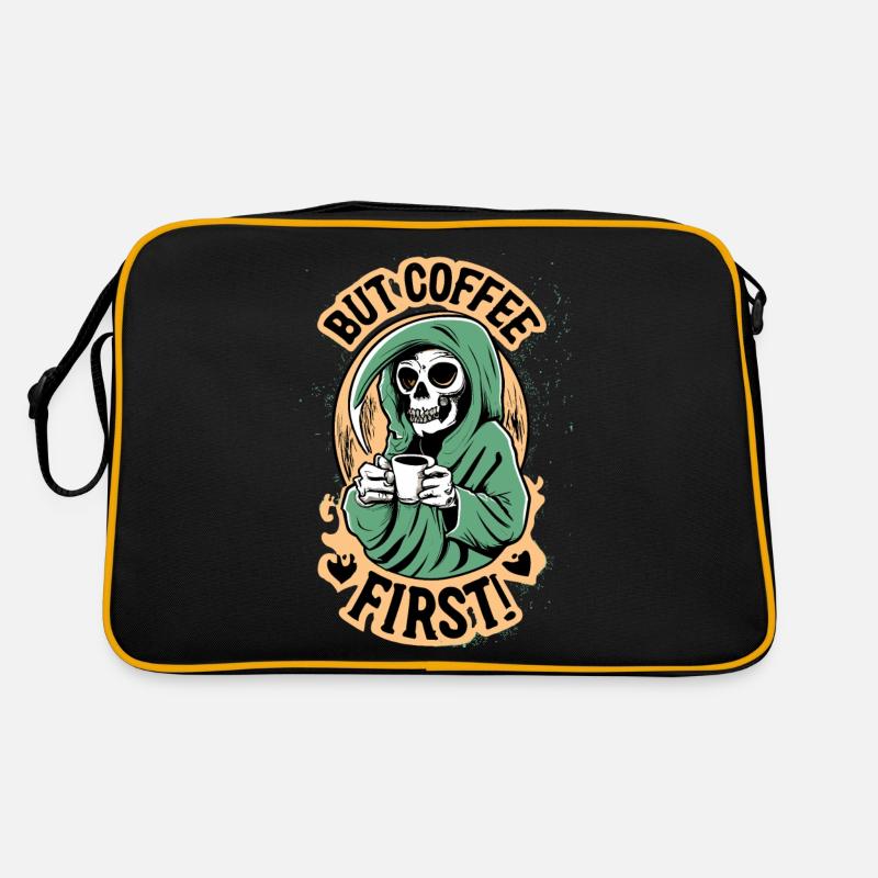 Sensenman, Totenkopf But Coffee First Kaffee - Retro Tasche - Schwarz/Gold