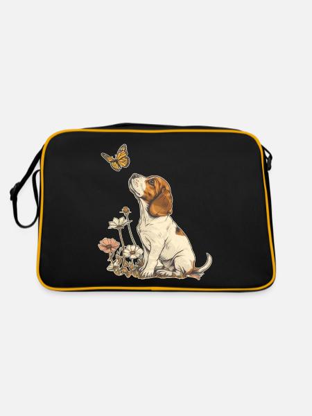 Beagle und Schmetterling - Retro Tasche - Schwarz/Gold - Hinten