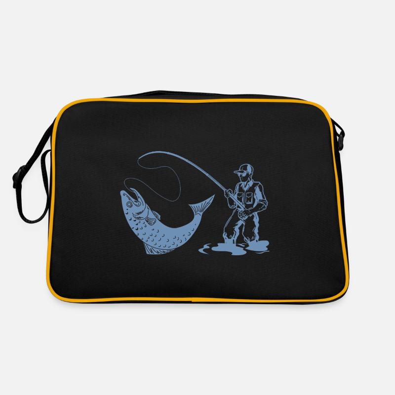 Silhouette de pêcheur avec canne à pêche et truite Sac Retro
