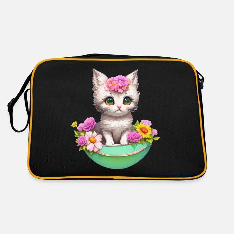 Un chat effronté dans une frénésie de fleurs - Sac Retro - noir/or