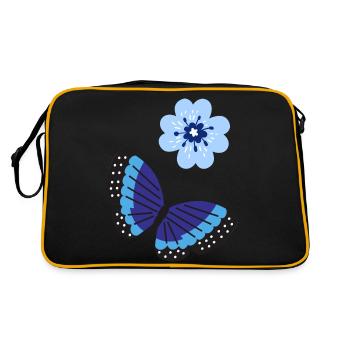 Blauer Schmetterling mit einer blauen Blume - Retro Tasche - Schwarz/Gold - Hinten