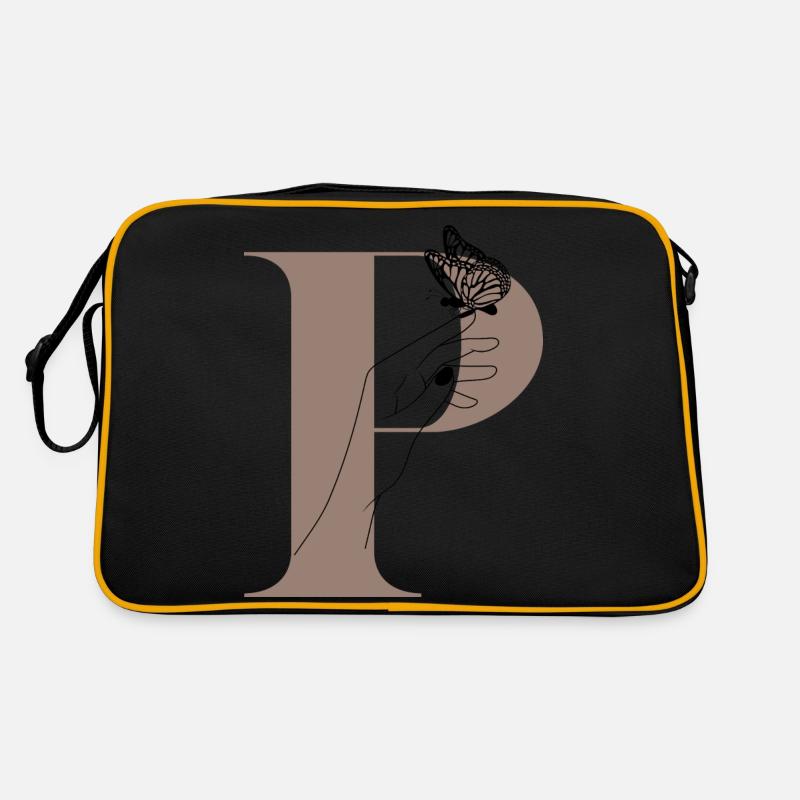 Buchstabe P Magischer Schmetterling - Retro Tasche - Schwarz/Gold