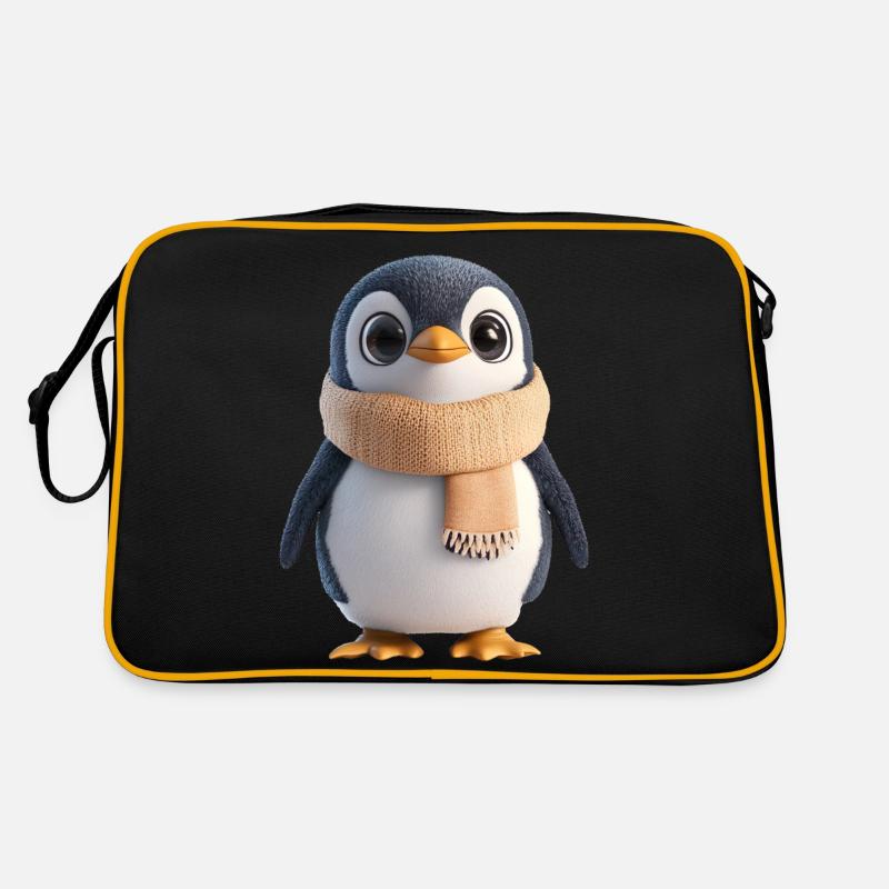 Plüsch Pinguin mit Schal - Retro Tasche - Schwarz/Gold