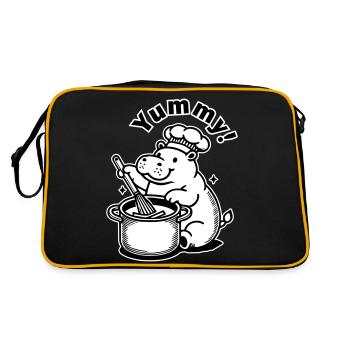 Hippopotame mignon préparant un repas - « Miam ! » Concevoir - Sac Retro - noir/or - Dos