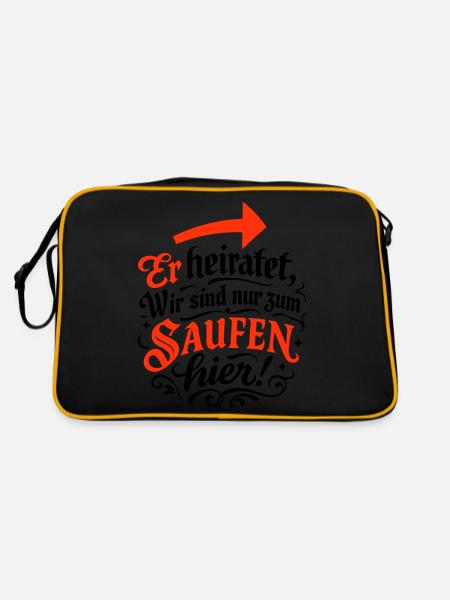 Er Heiratet Wir Saufen Hochzeit - Retro Tasche - Schwarz/Gold - Hinten