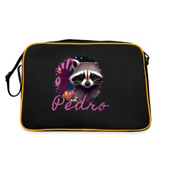 raccoon,graffiti,grey, watercolor,flowers,pedro - Retro Bag - black/gold - Back