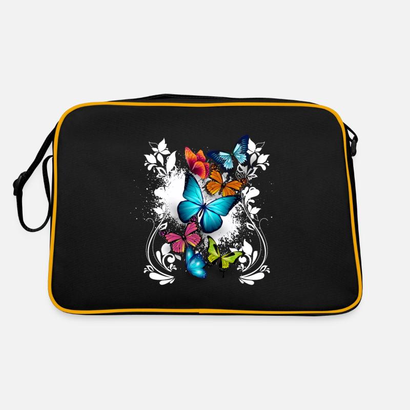 Schmetterling Blumen Ornament Splash Kunst - Retro Tasche - Schwarz/Gold