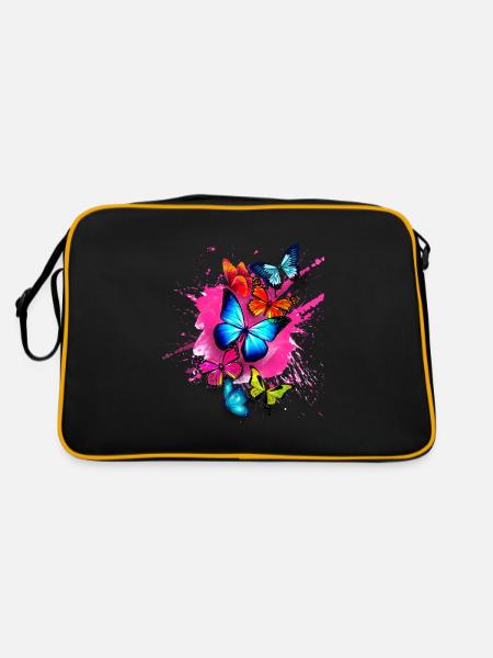 Schmetterling Butterfly Splash Bunt Farben Pink - Retro Tasche - Schwarz/Gold - Hinten