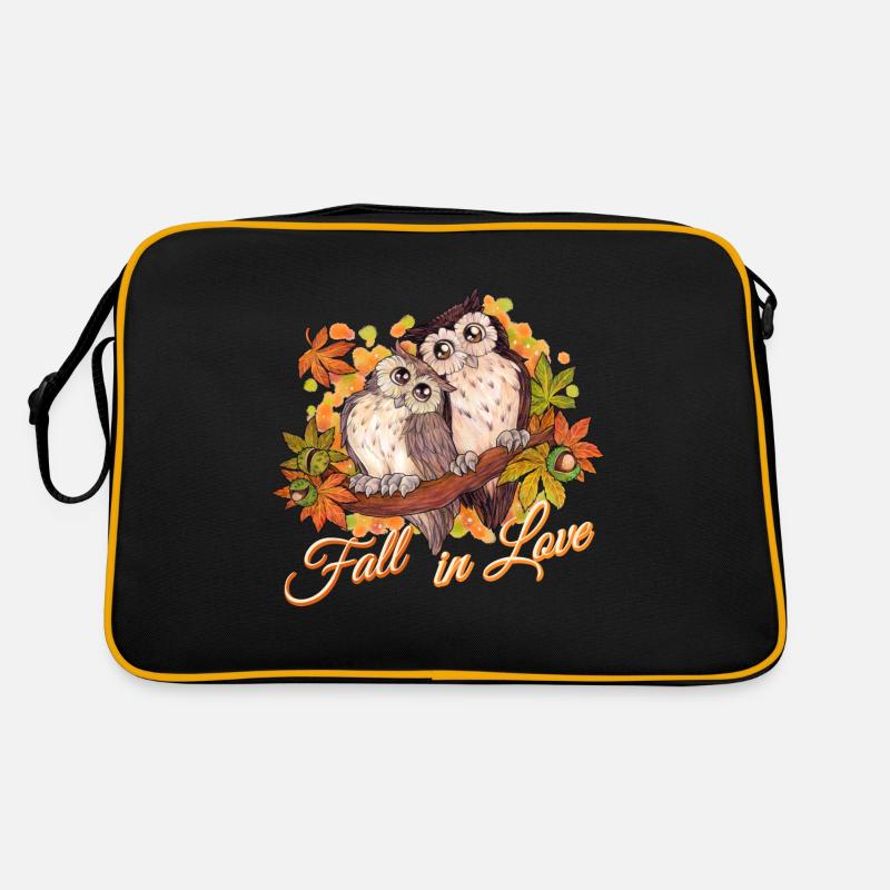 Fall in Love - Niedliche Eulen im Herbst Liebe - Retro Tasche - Schwarz/Gold