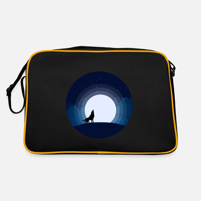 Moon Wolf Night Sky Mountain Howls Full Moon - Retro Bag - black/gold
