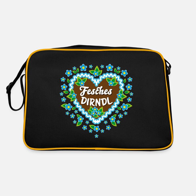 85 Lebkuchenherz Blumen Fesches Dirndl - Retro Tasche - Schwarz/Gold