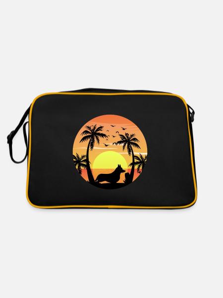 Cardigan Welsh Corgi Dog Surfing Beach Palm Trees - Retro Bag - black/gold - Back