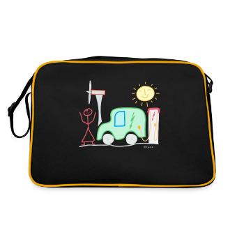 Electric car stick figure woman pinwheel charging station sun - Retro Bag - black/gold - Back