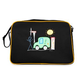 E-Auto Strichmännchen Sonne Ladesäule Spannung - Retro Tasche - Schwarz/Gold - Hinten
