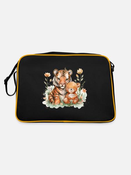 Cute Tiger And Bear Friends - Retro Tasche - Schwarz/Gold - Hinten
