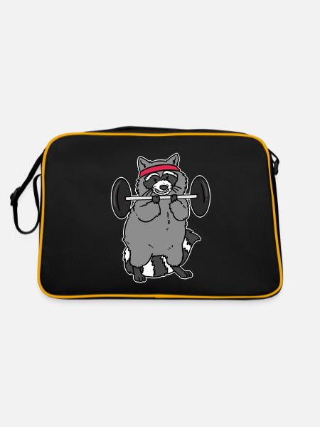 Fitness Waschbär Powerliftig Raccon - Retro Tasche - Schwarz/Gold - Hinten