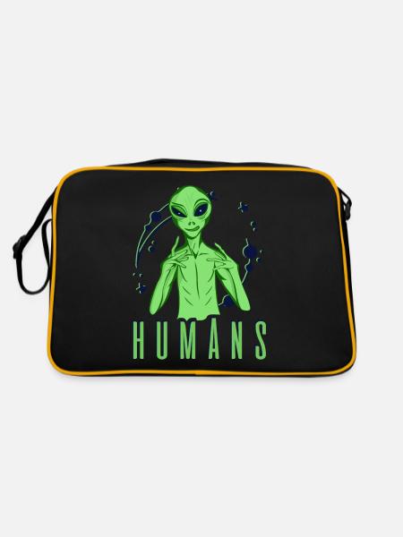 Humans Ufo Alien Menschen Verwirrt Geschenk - Retro Tasche - Schwarz/Gold - Hinten